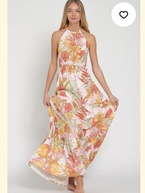 Mahina Maxi Floral Tie Back Halter Dress Linen Blend Size Small